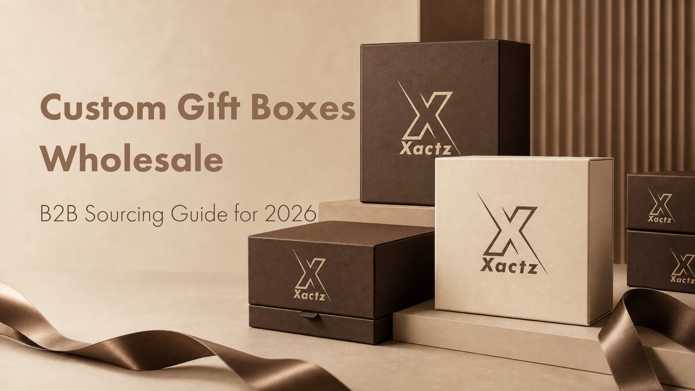 Custom gift boxes wholesale display with Xactz branding for 2026 B2B packaging sourcing guide