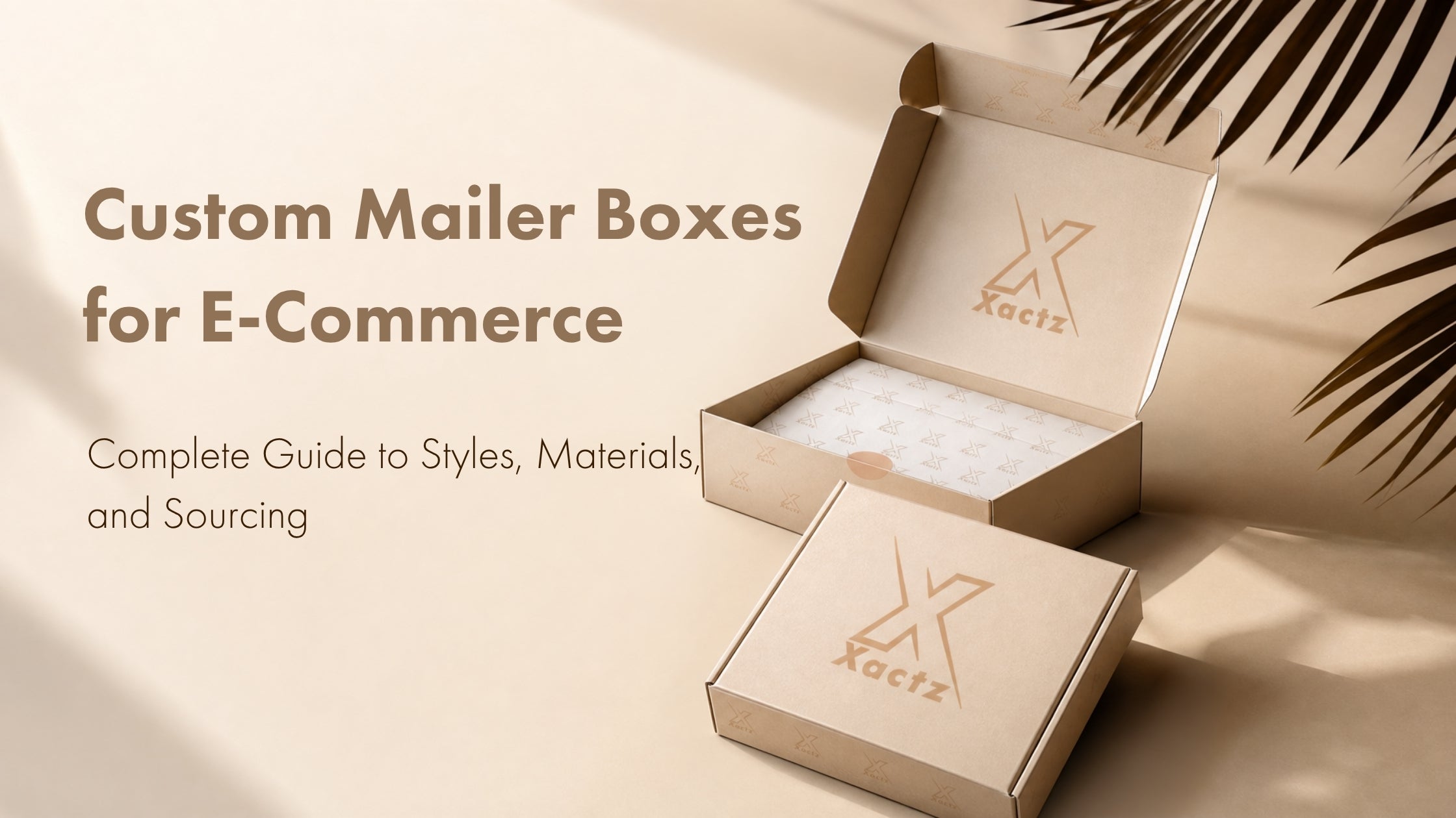 Open and closed kraft custom mailer boxes featuring Xactz logo and custom tissue paper packaging