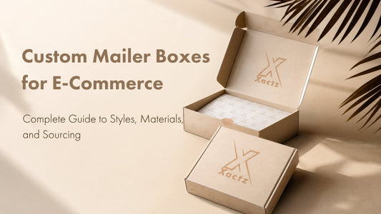 Open and closed kraft custom mailer boxes featuring Xactz logo and custom tissue paper packaging