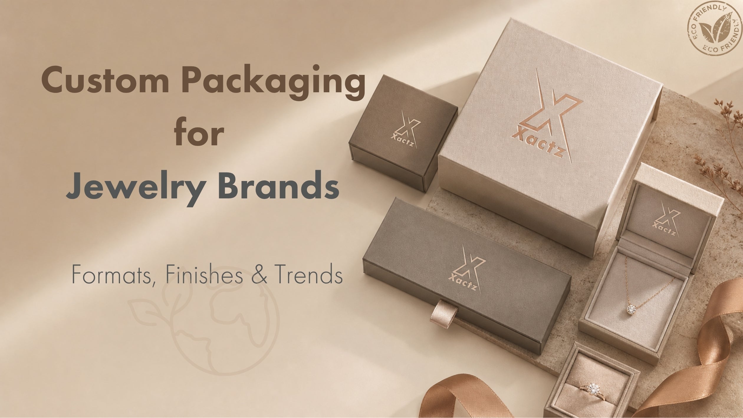 Custom jewelry packaging collection featuring rigid boxes, a slide-out drawer box, and opened display cases with a gold necklace and diamond ring, showcasing metallic foil branding and eco-friendly logos.