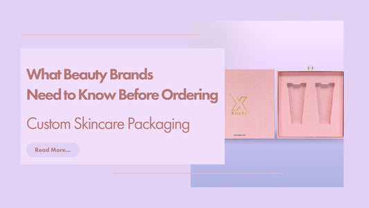 Xactz Blog 20 Banner custom skincare packaging pink textured drawer box open with gold foil logo revealing two skincare tubes in a precision fitted pink card tray