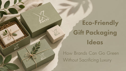 Eco-friendly luxury gift packaging blog cover showing sage green custom boxes with Xactz branding, natural kraft fill, and foliage accents.