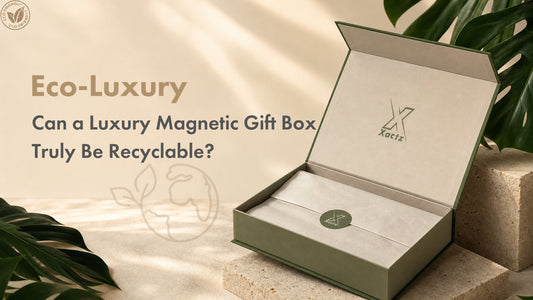 Custom eco-luxury magnetic gift box by Xactz in matte green, shown open with a recyclable paper lining, sticker seal, and debossed logo. Features the blog title text "Eco-Luxury: Can a Luxury Magnetic Gift Box Truly Be Recyclable?".