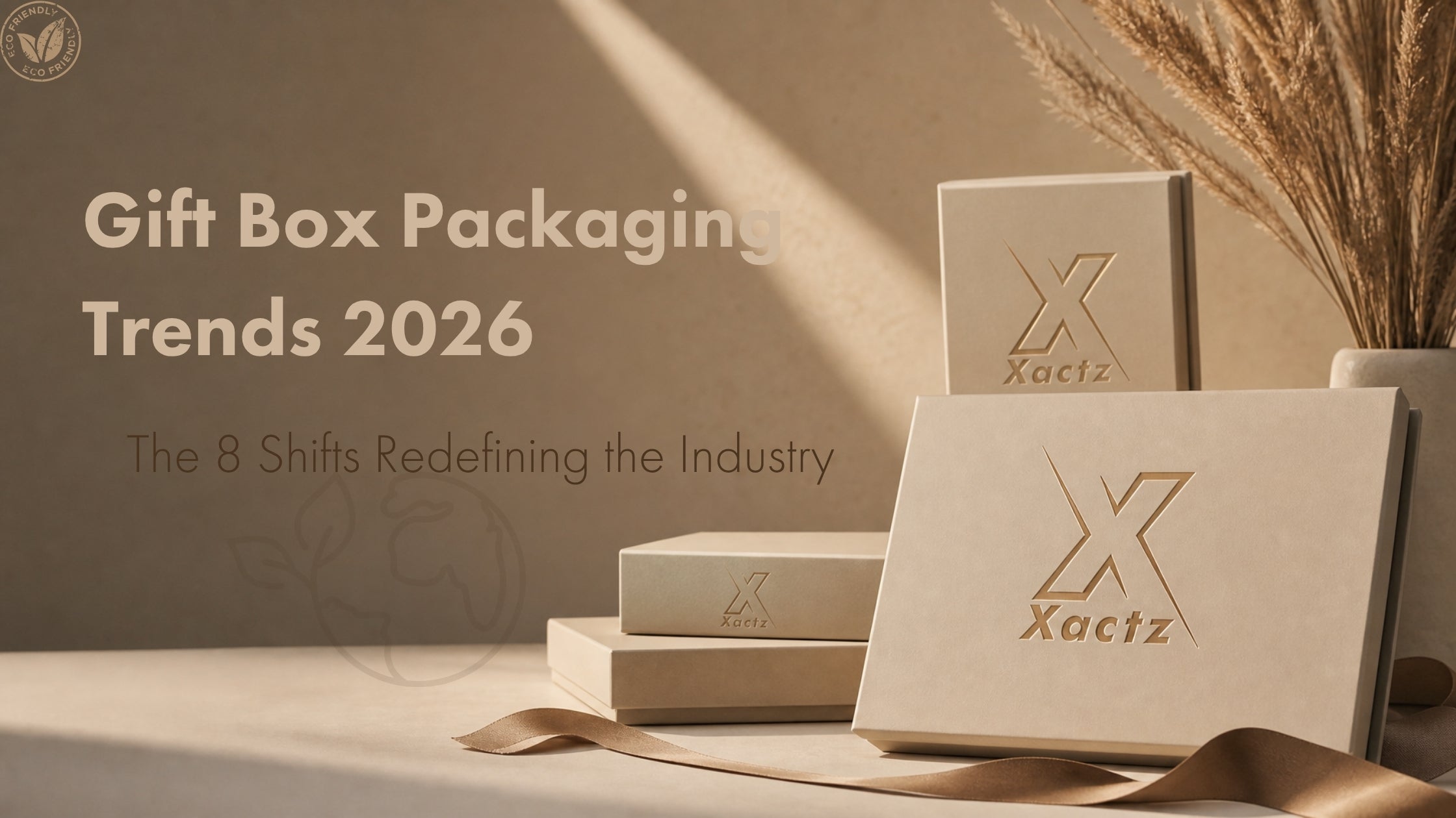 Blog cover for 'Gift Box Packaging Trends 2026: The 8 Shifts Redefining the Industry,' featuring minimalist Xactz brand gift boxes, a soft ribbon, and an 'eco friendly' leaf logo, exemplifying quiet luxury in sustainable packaging.