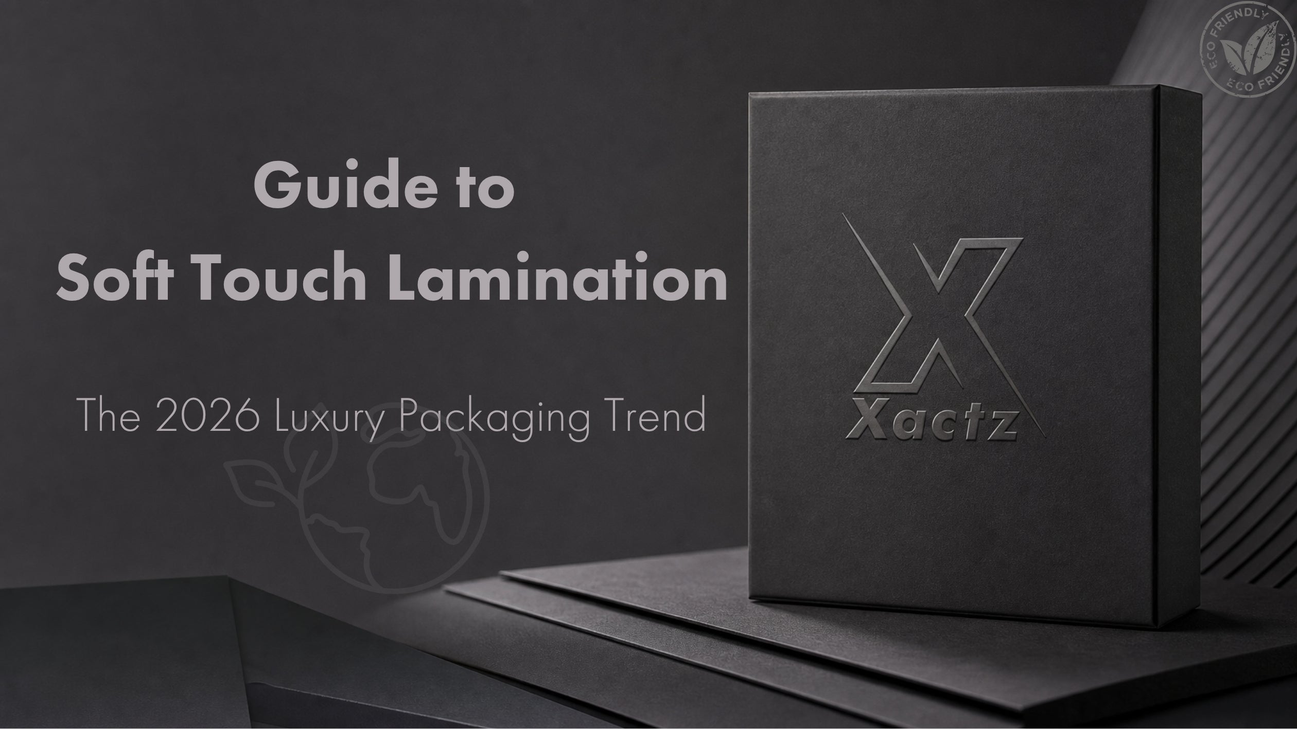 Luxury black rigid gift box featuring a soft touch lamination matte finish and a debossed glossy black logo, highlighting premium tactile packaging trends for 2026.