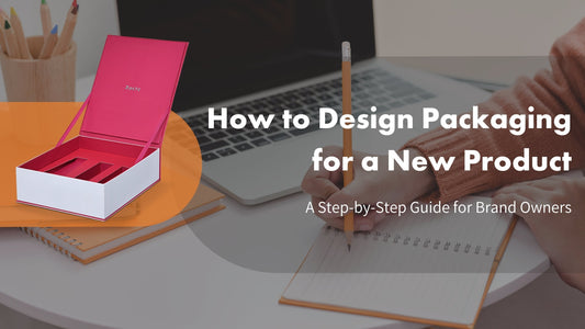 Xactz Blog banner How to Design Packaging for a New Product, Step-by-Step Guide for Brand Owners, Xactz pink magnetic closure rigid box with custom insert on desk