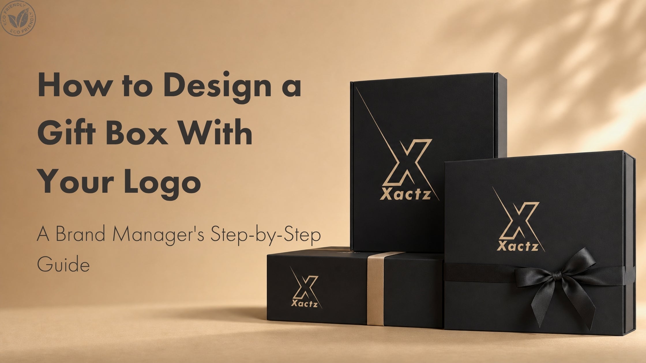 Custom matte black gift boxes with gold foil Xactz logo and black bow for branded packaging guide