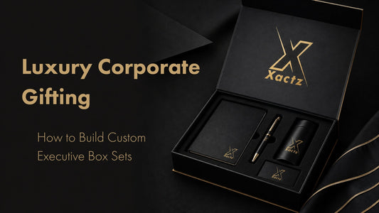 Luxury corporate gifting blog cover featuring a matte black custom executive box set with gold foil stamping, notebook, and pen by Xactz.