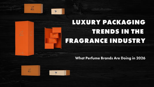 Xactz Blog cover Luxury Packaging Trends in the Fragrance Industry, orange fragrance packaging boxes magnetic closure rigid box drawer box black background 2026 trends