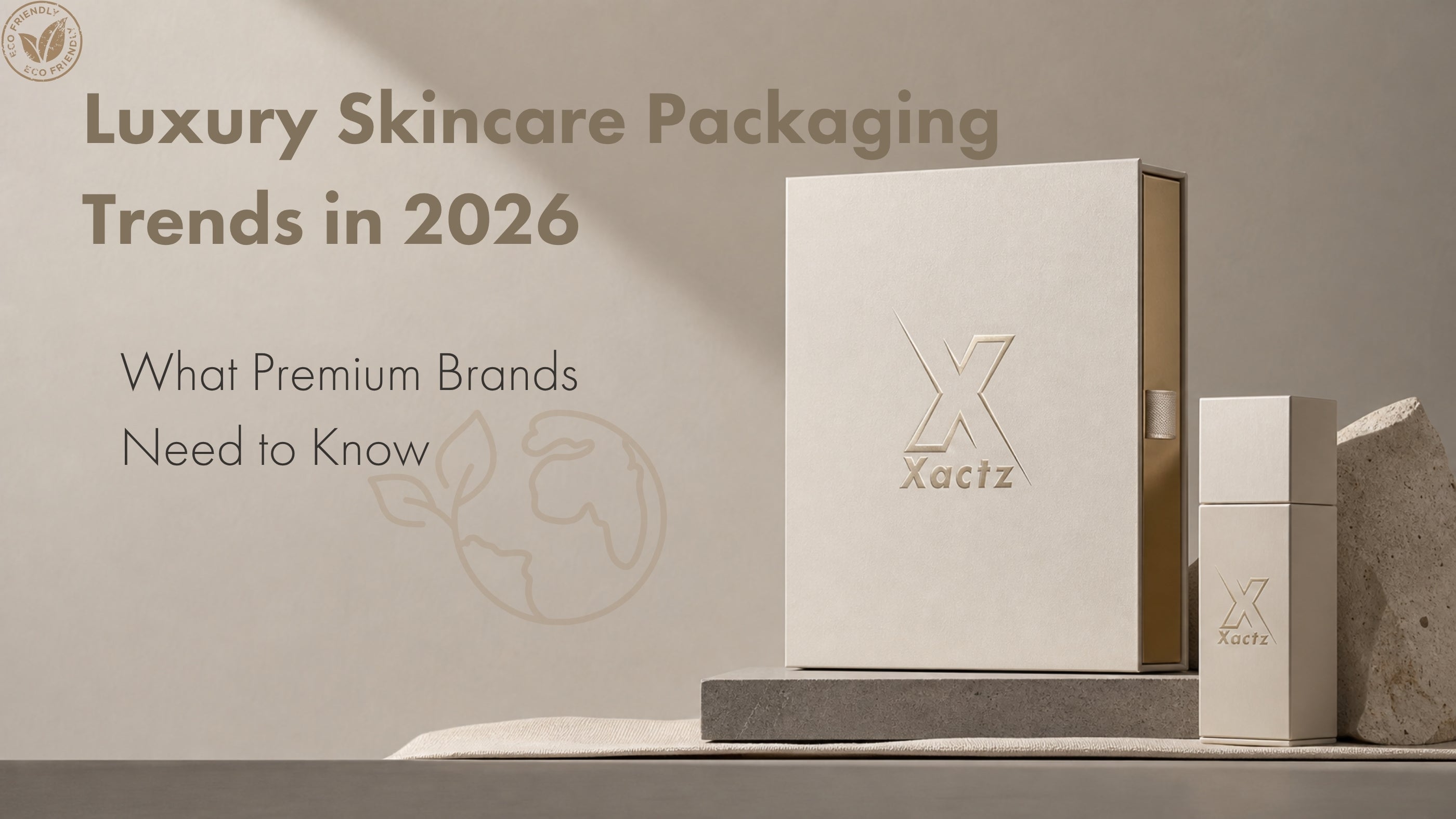 Graphic reading 'Luxury Skincare Packaging Trends in 2026: What Premium Brands Need to Know' displaying sustainable custom cream rigid boxes with gold metallic elements by Xactz Packaging.