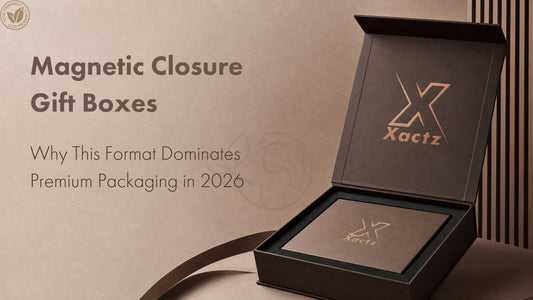 An open premium brown magnetic closure gift box by Xactz with an internal product tray, featuring text overlay: "Magnetic Closure Gift Boxes: Why This Format Dominates Premium Packaging in 2026."