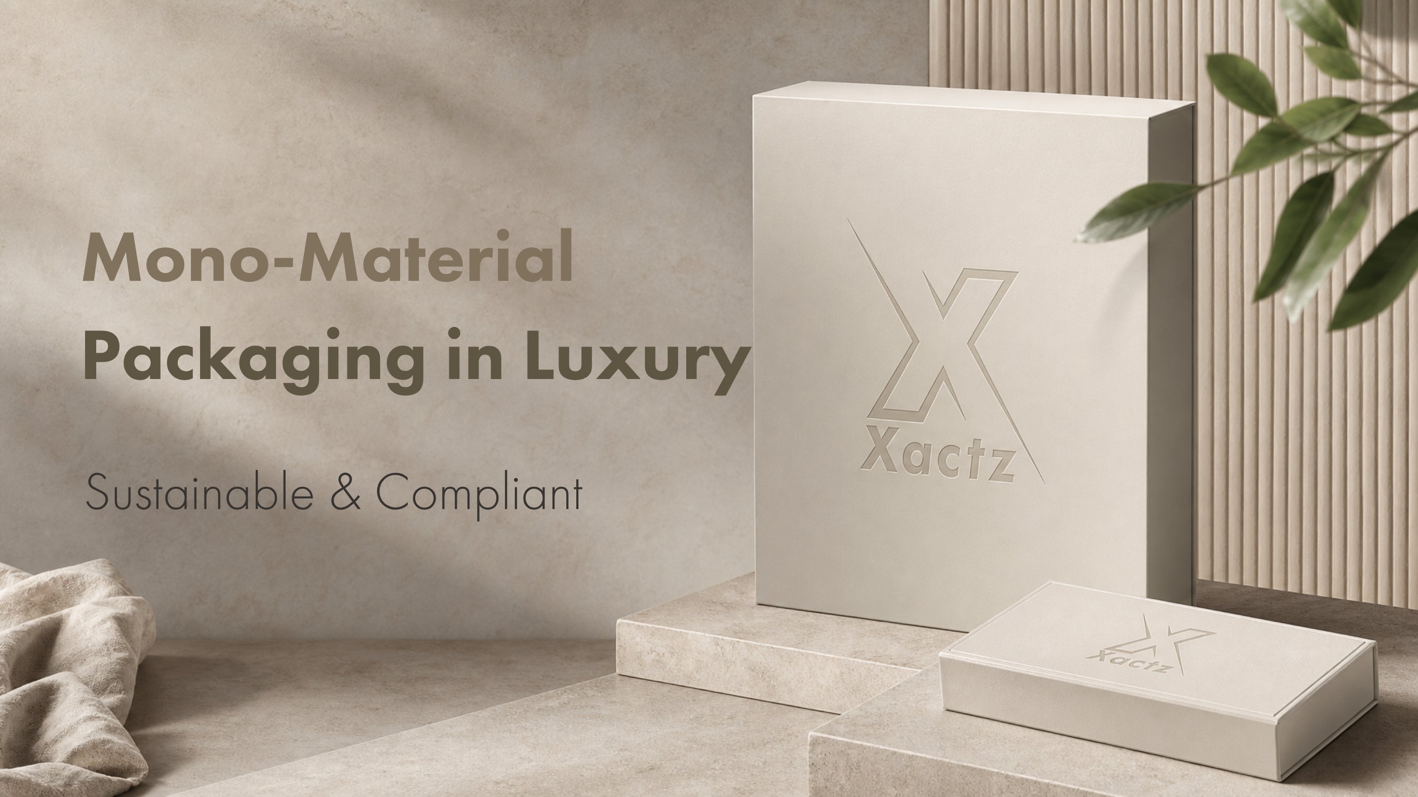 Xactz mono-material luxury packaging blog cover featuring custom debossed cream-colored paperboard rigid boxes on a minimalist stone display with sustainable design text