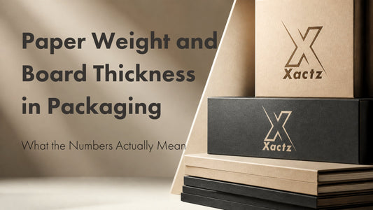 Xactz blog cover Custom kraft paperboard boxes and rigid black packaging with gold foil Xactz logos stacked on thick paper sheets.