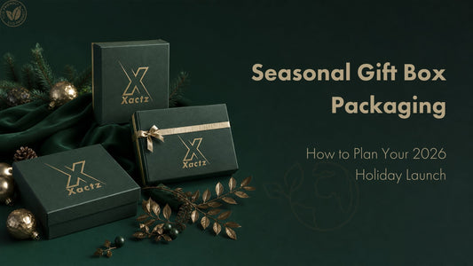 Seasonal gift box packaging 2026 blog cover, featuring dark green Xactz luxury holiday gift boxes with gold ornaments.