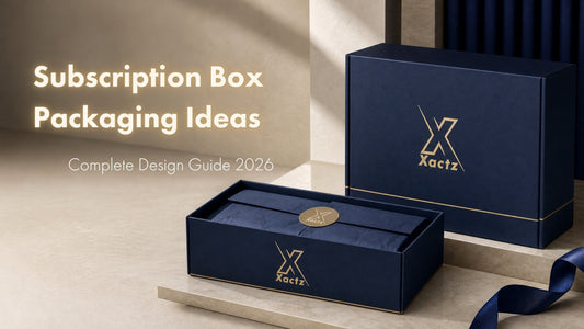 Custom navy blue subscription box packaging with gold foil logo branding by Xactz