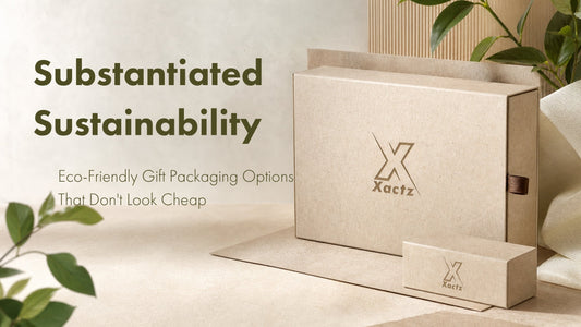 Substantiated Sustainability blog cover featuring premium eco-friendly kraft paper gift boxes by Xactz.