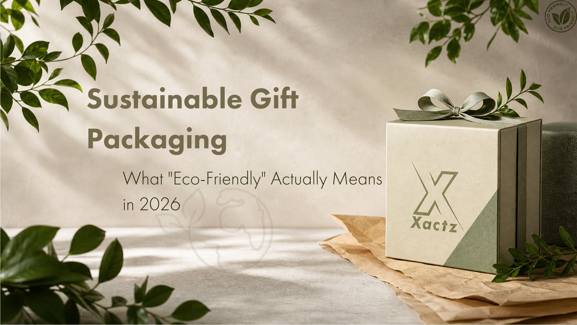 Sustainable gift packaging 2026 blog cover, featuring an Xactz luxury gift box and the blog title.
