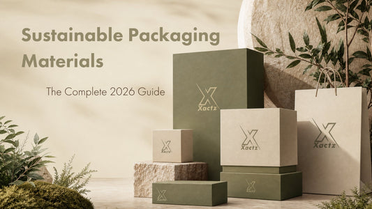 Sustainable olive green and beige custom packaging boxes and paper gift bag with debossed Xactz branding on stone plinths beside text reading Sustainable Packaging Materials: The Complete 2026 Guide.