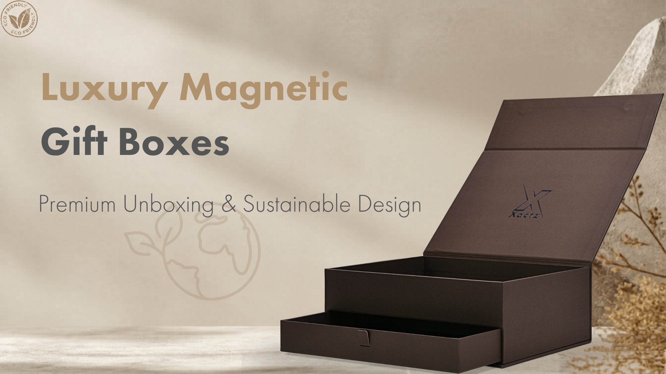 Open Xactz luxury magnetic gift box with drawer, matte brown rigid design, and eco friendly branding overlay text.