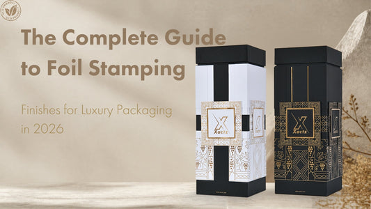 Blog post cover for The Complete Guide to Foil Stamping Finishes for Luxury Packaging in 2026, displaying an eco-friendly badge next to premium black and white custom rigid column boxes by Xactz Packaging.