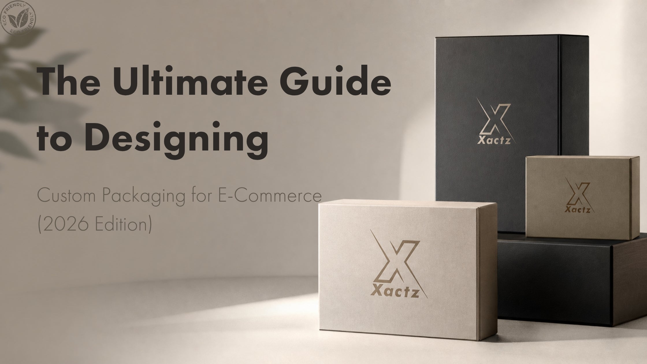 The Ultimate Guide to Designing Custom Packaging for E-Commerce blog banner featuring eco-friendly Xactz custom rigid boxes and mailer boxes.