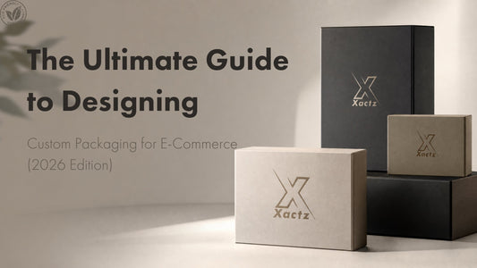 The Ultimate Guide to Designing Custom Packaging for E-Commerce blog banner featuring eco-friendly Xactz custom rigid boxes and mailer boxes.