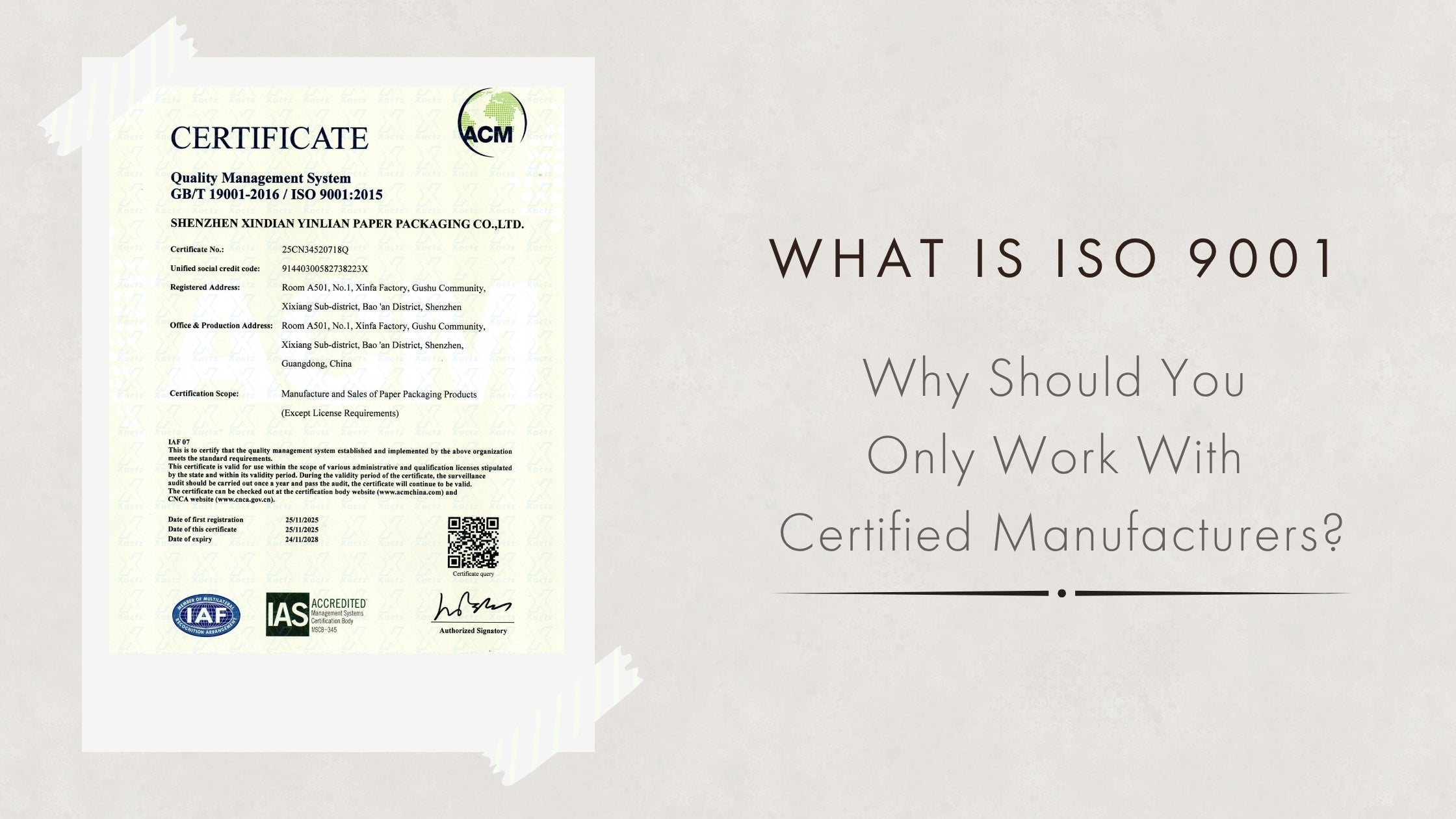 Xactz ISO 9001:2015 Certificate, Luxury Custom Packaging Manufacturer China