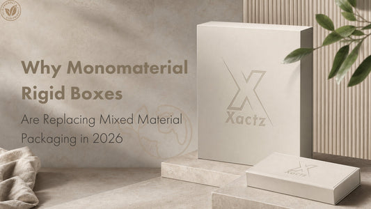 Xactz monomaterial rigid boxes in white FSC certified paperboard displayed against a natural stone background with green leaves for a 2026 sustainable packaging blog