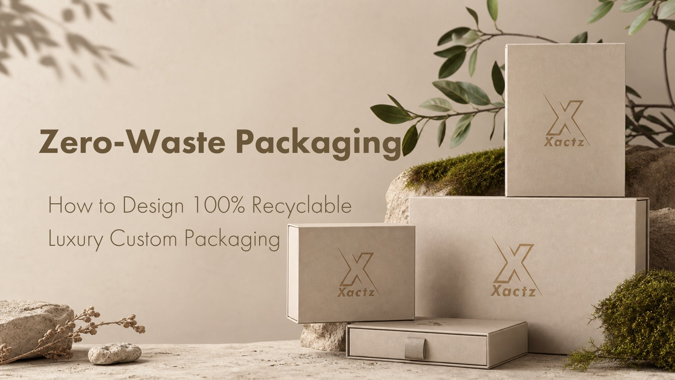 Zero-waste packaging blog cover featuring eco-friendly beige custom boxes styled with natural stone, moss, and foliage by Xactz.
