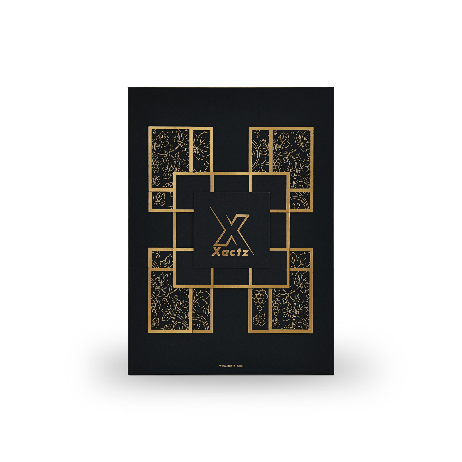 Premium black rigid wine gift box front view with matte gold foil grape vine pattern and Xactz logo stamping on matte black specialty paper