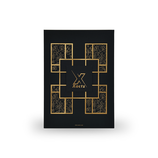 Premium black rigid wine gift box front view with matte gold foil grape vine pattern and Xactz logo stamping on matte black specialty paper