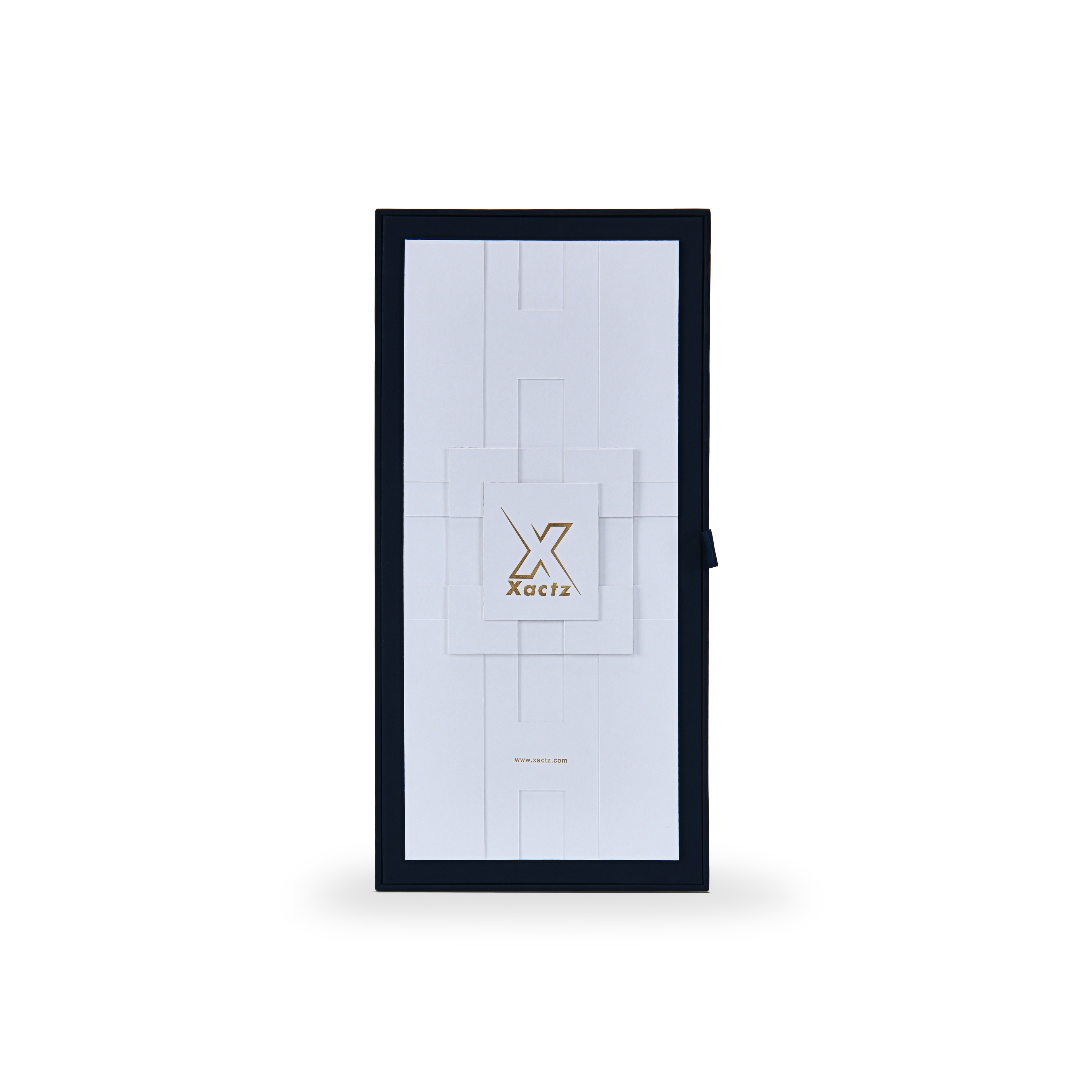 Top view of luxury custom flip top rigid wine box featuring a layered white geometric faceplate with embossed matte gold foil logo branding.