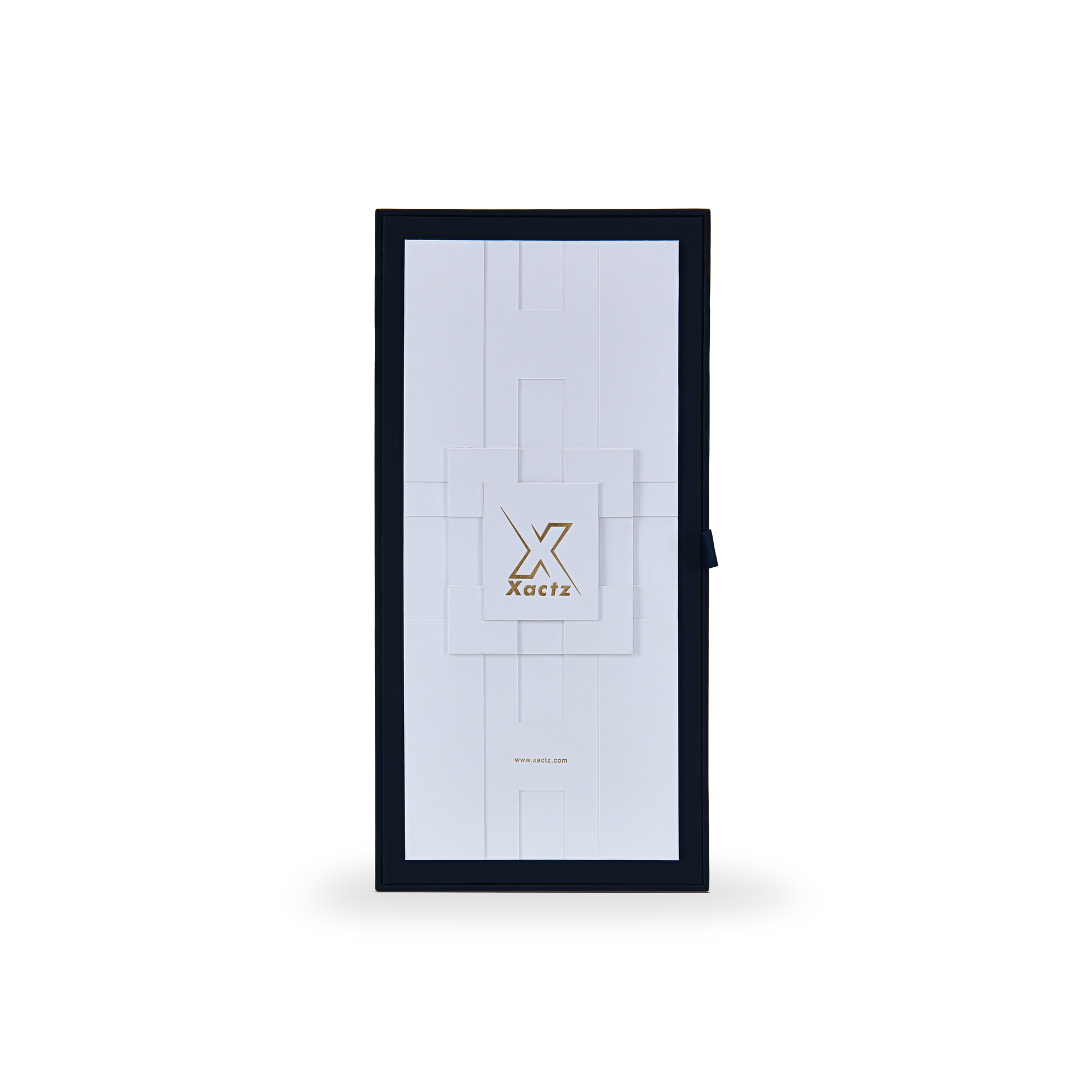 Top view of luxury custom flip top rigid wine box featuring a layered white geometric faceplate with embossed matte gold foil logo branding.