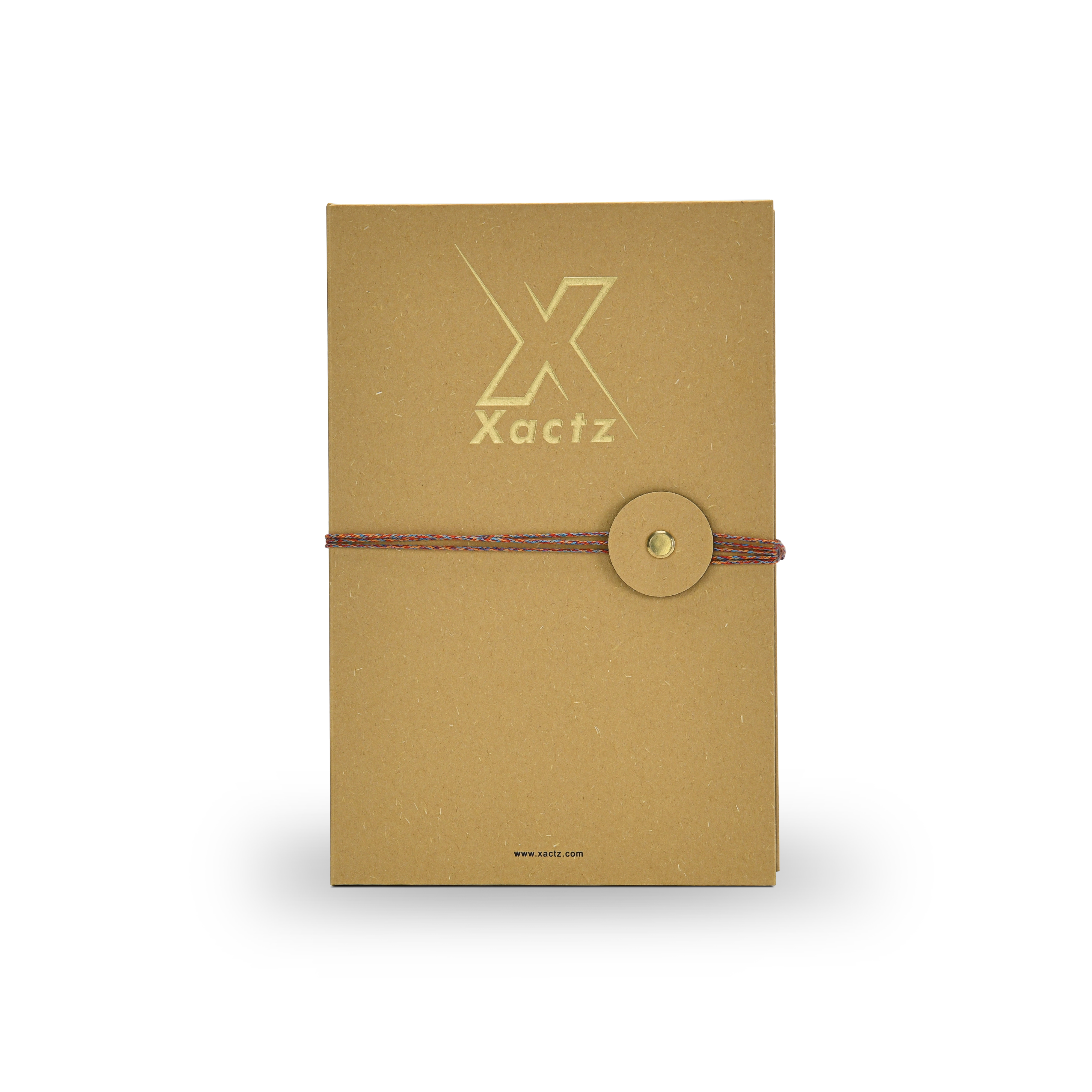 Custom rigid book style perfume gift box in natural ochre yellow specialty paper shown from a flat top down view featuring an embossed gold foil logo and a colorful braided rope closure secured with a gold metal rivet