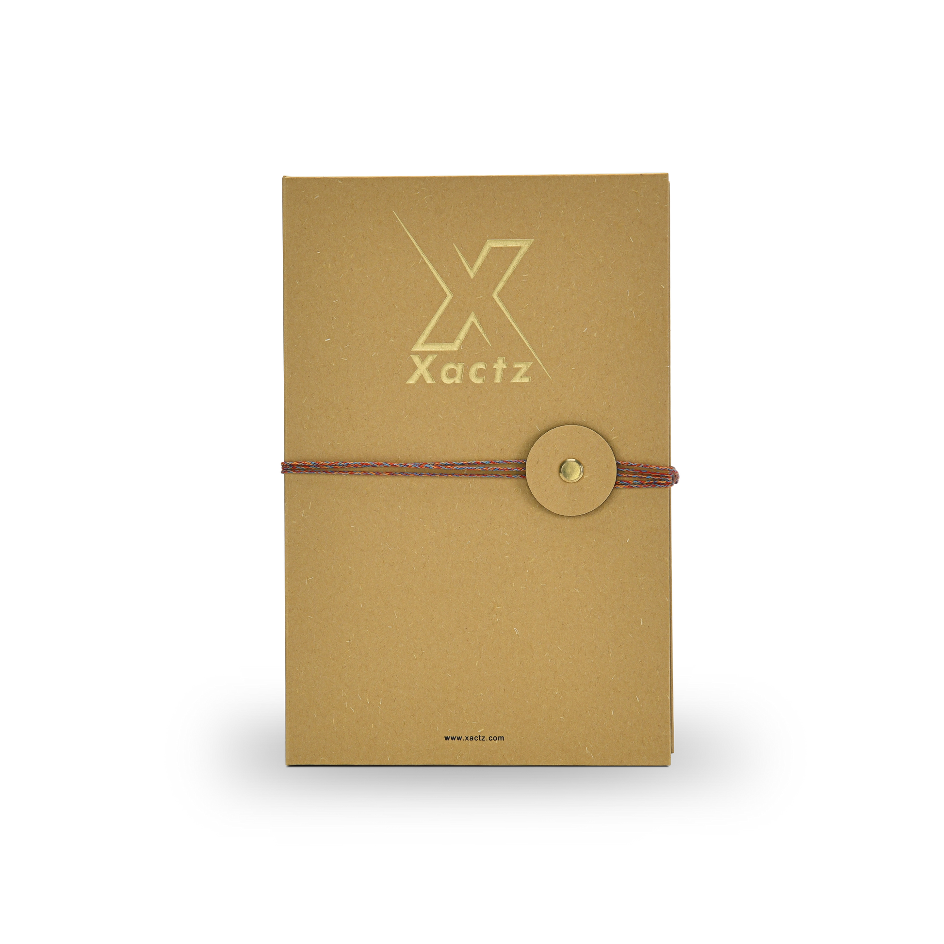 Custom rigid book style perfume gift box in natural ochre yellow specialty paper shown from a flat top down view featuring an embossed gold foil logo and a colorful braided rope closure secured with a gold metal rivet