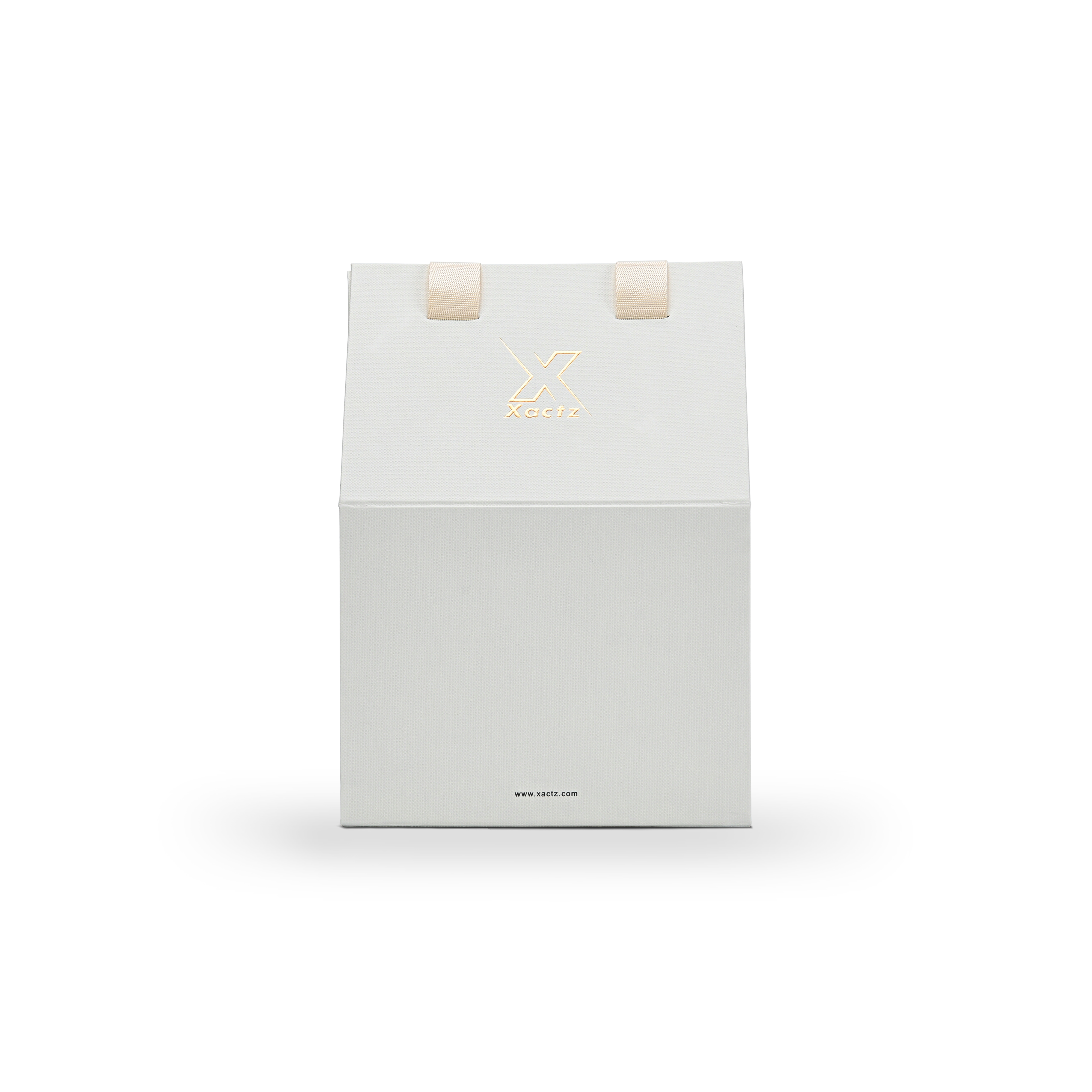 Custom house shaped foldable gift box in premium textured cream white specialty paper shown from a flat front view featuring an embossed gold foil logo and beige ribbon handles at the top