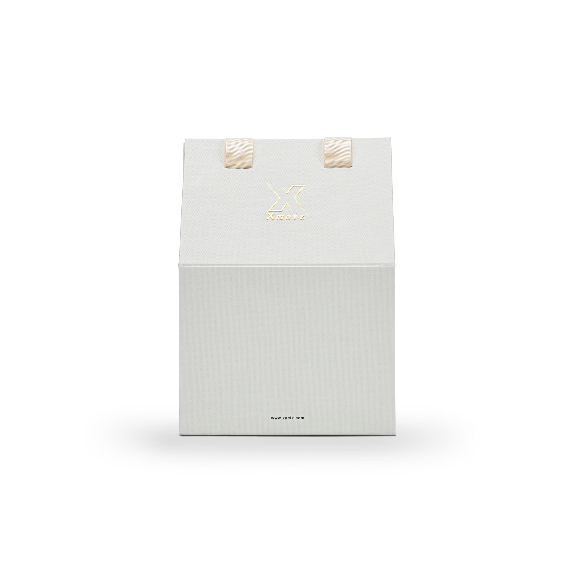 Custom house shaped foldable gift box in premium textured cream white specialty paper shown from a flat front view featuring an embossed gold foil logo and beige ribbon handles at the top