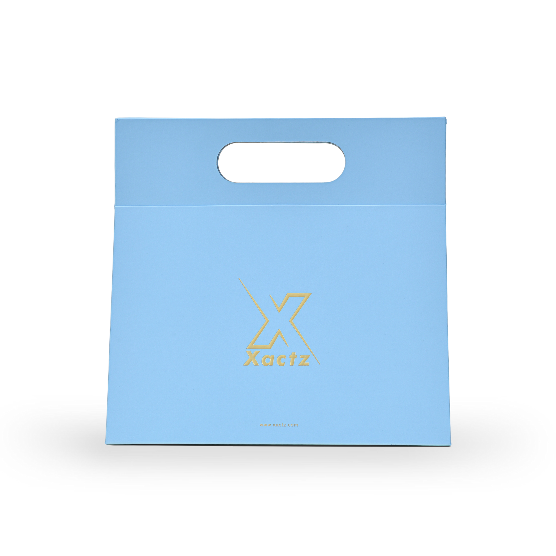 Custom foldable gift box bag with die cut carry handle in sky blue art paper featuring an embossed gold foil Xactz logo centered on the front panel with soft touch lamination finish