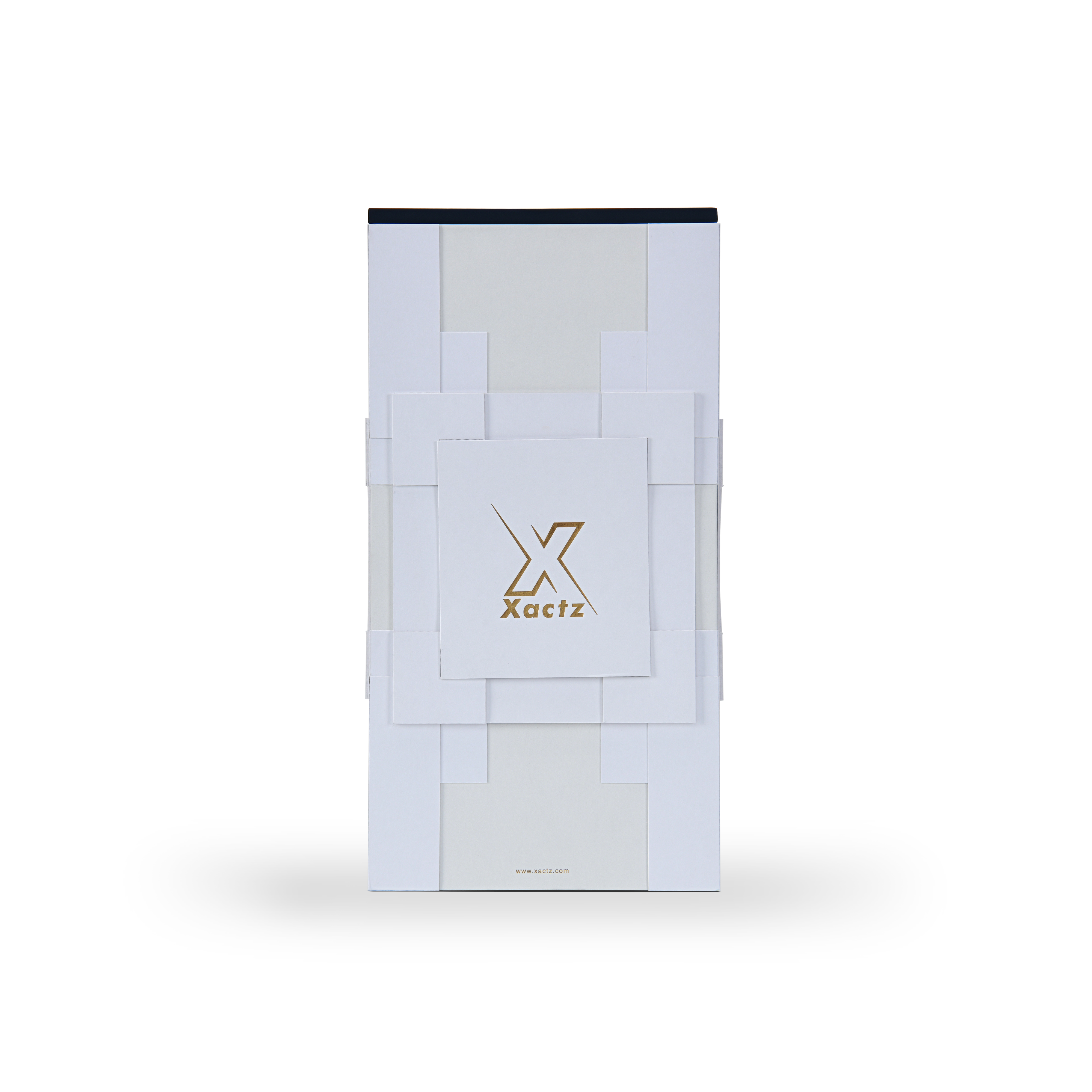 Flat top view of a closed custom wine rigid box showing an intricate white geometric paper design accented with a gold foil Xactz logo.