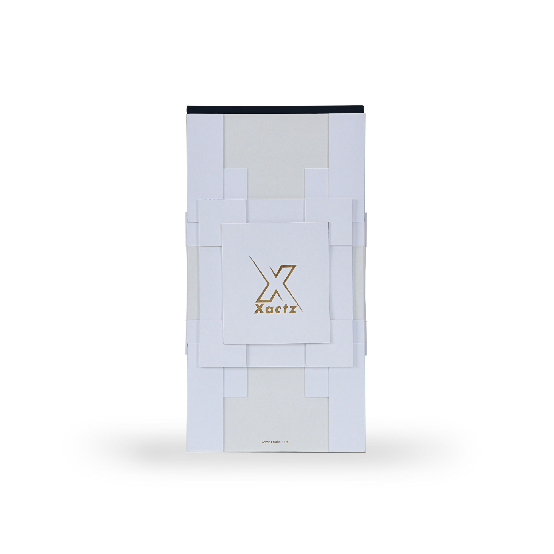 Flat top view of a closed custom wine rigid box showing an intricate white geometric paper design accented with a gold foil Xactz logo.