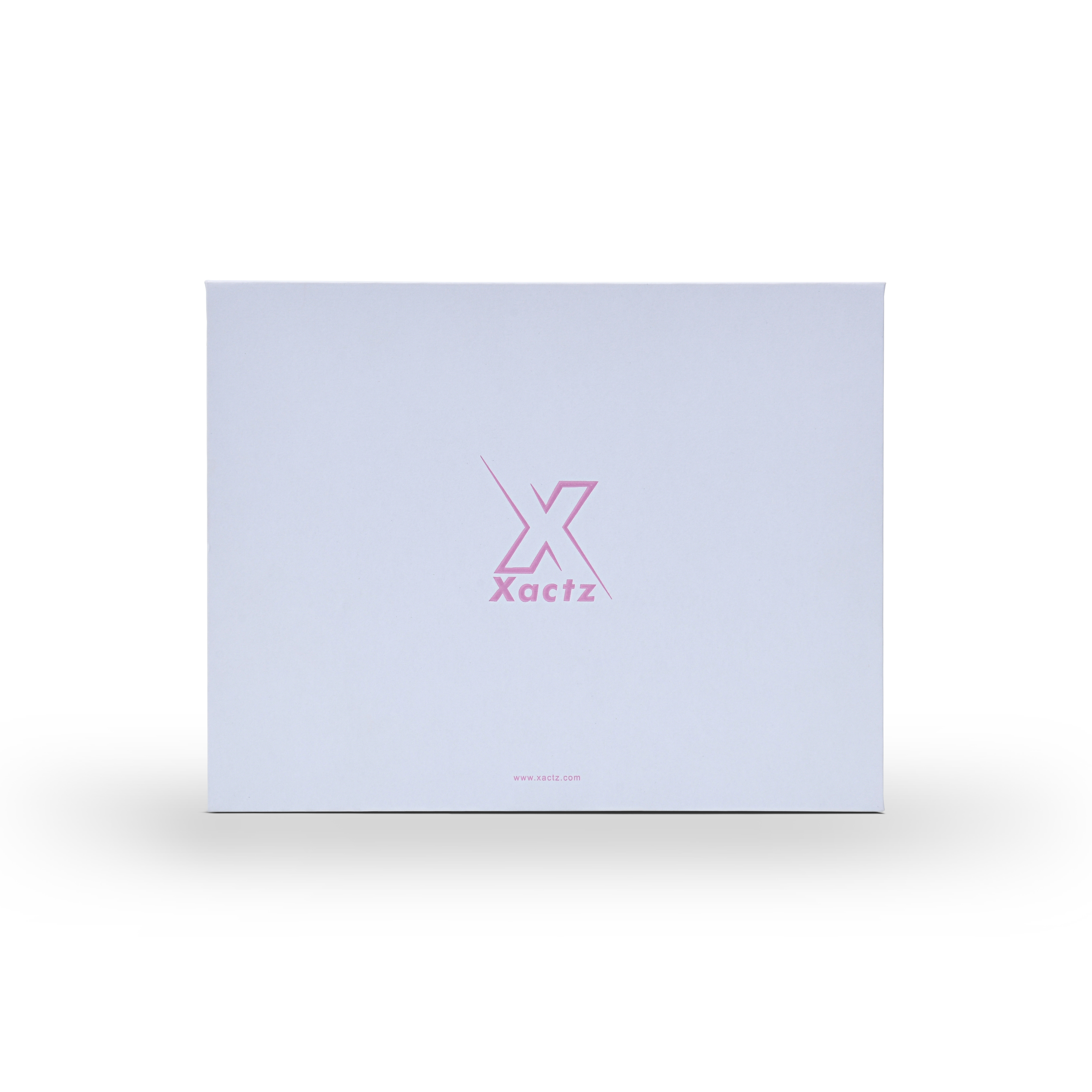 Top-down view of a closed white custom book-shaped rigid box featuring a minimalist pink foil-stamped Xactz logo in the center.