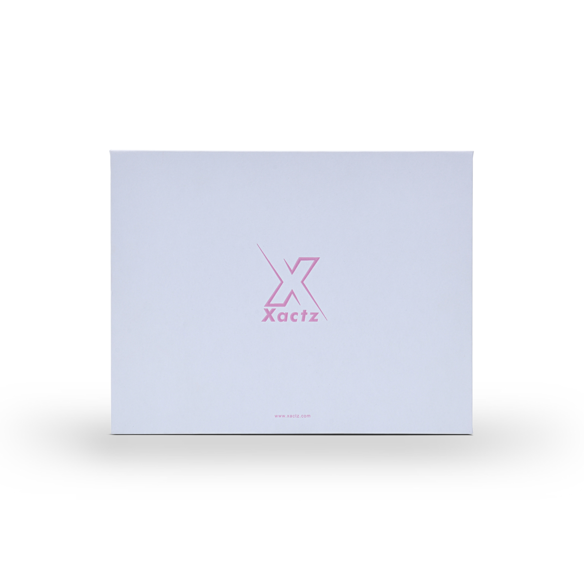 Top-down view of a closed white custom book-shaped rigid box featuring a minimalist pink foil-stamped Xactz logo in the center.