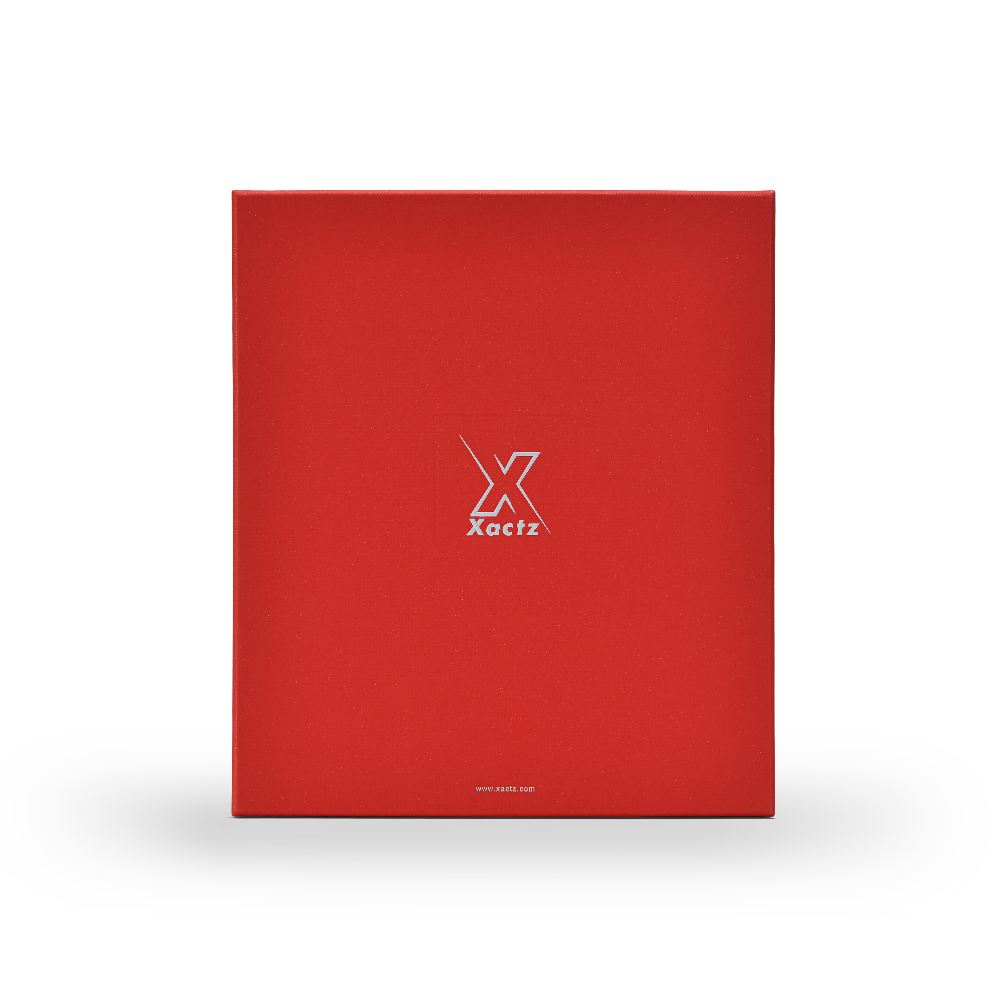 Custom red lid and base gift box for cosmetics showing the full front panel in deep red star rain specialty paper with a centered embossed bright silver foil Xactz logo and silver foil website address printed at the base of the lid