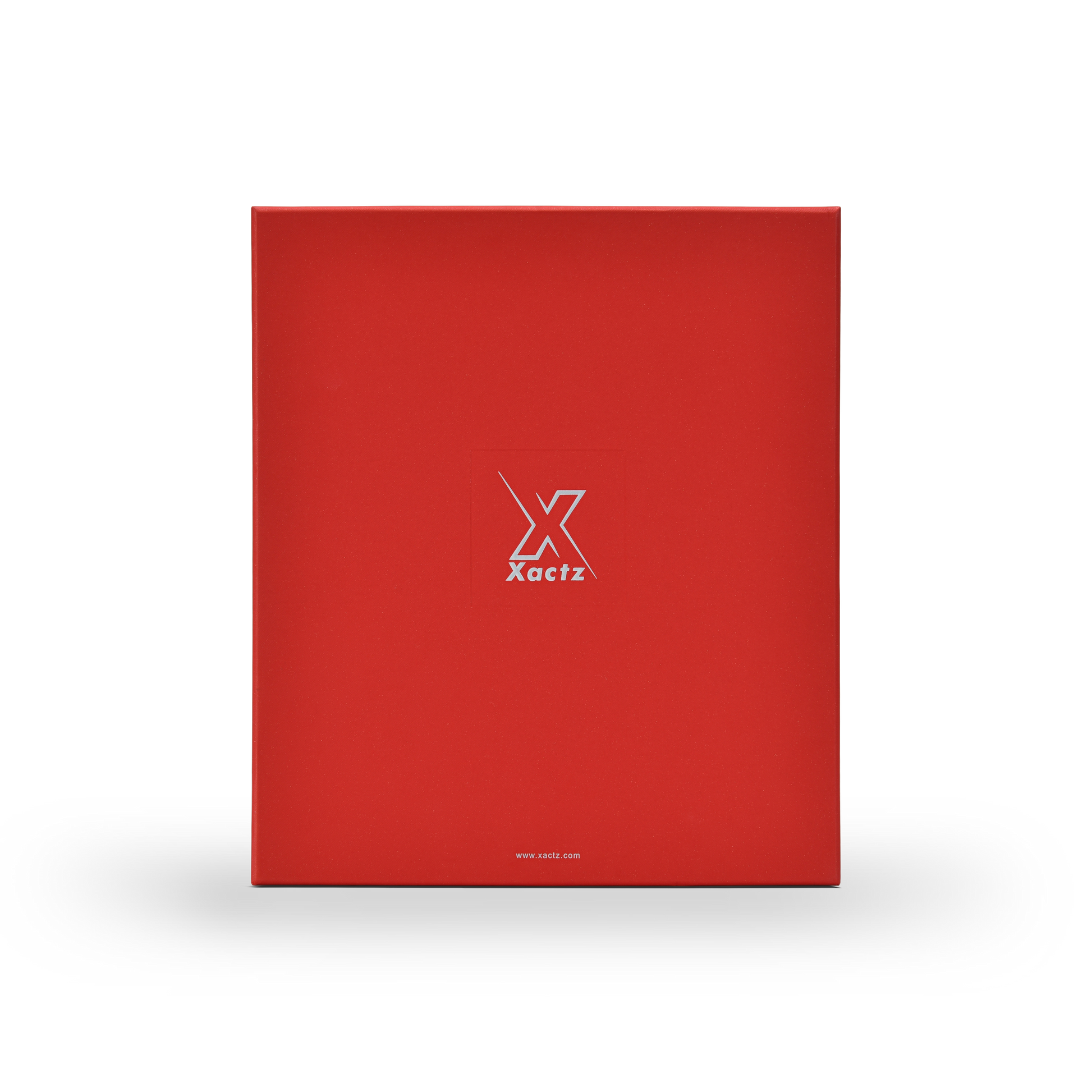 Custom red lid and base gift box for cosmetics showing the full front panel in deep red star rain specialty paper with a centered embossed bright silver foil Xactz logo and silver foil website address printed at the base of the lid