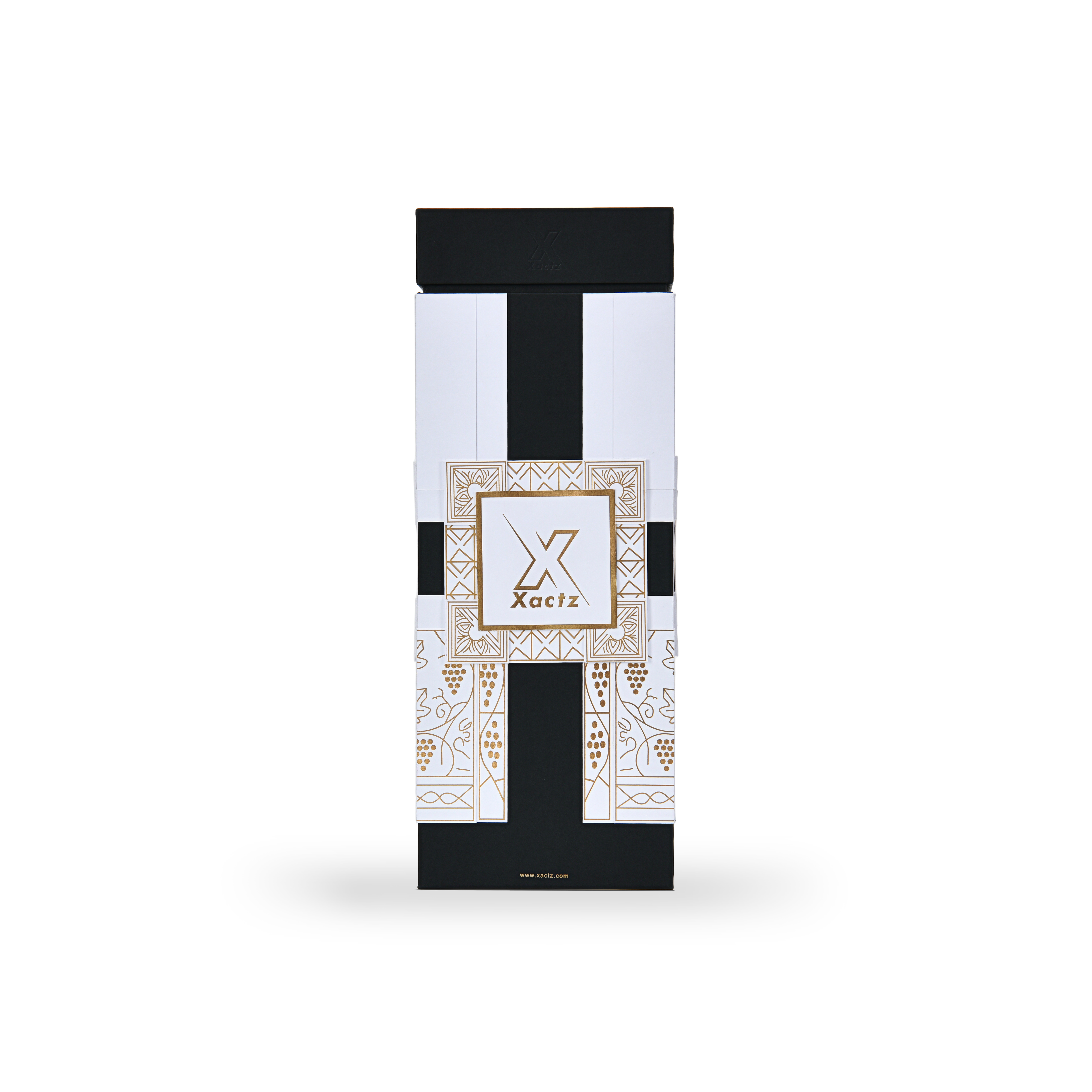 Custom black rigid wine gift box with collared lid and base showing the white and black body wrapped in a gold foil grape vine and geometric pattern with a centered Xactz logo in a gold foil bordered frame