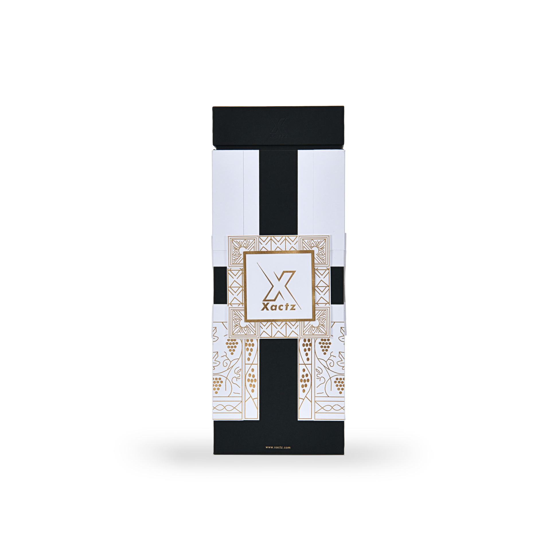 Custom black rigid wine gift box with collared lid and base showing the white and black body wrapped in a gold foil grape vine and geometric pattern with a centered Xactz logo in a gold foil bordered frame
