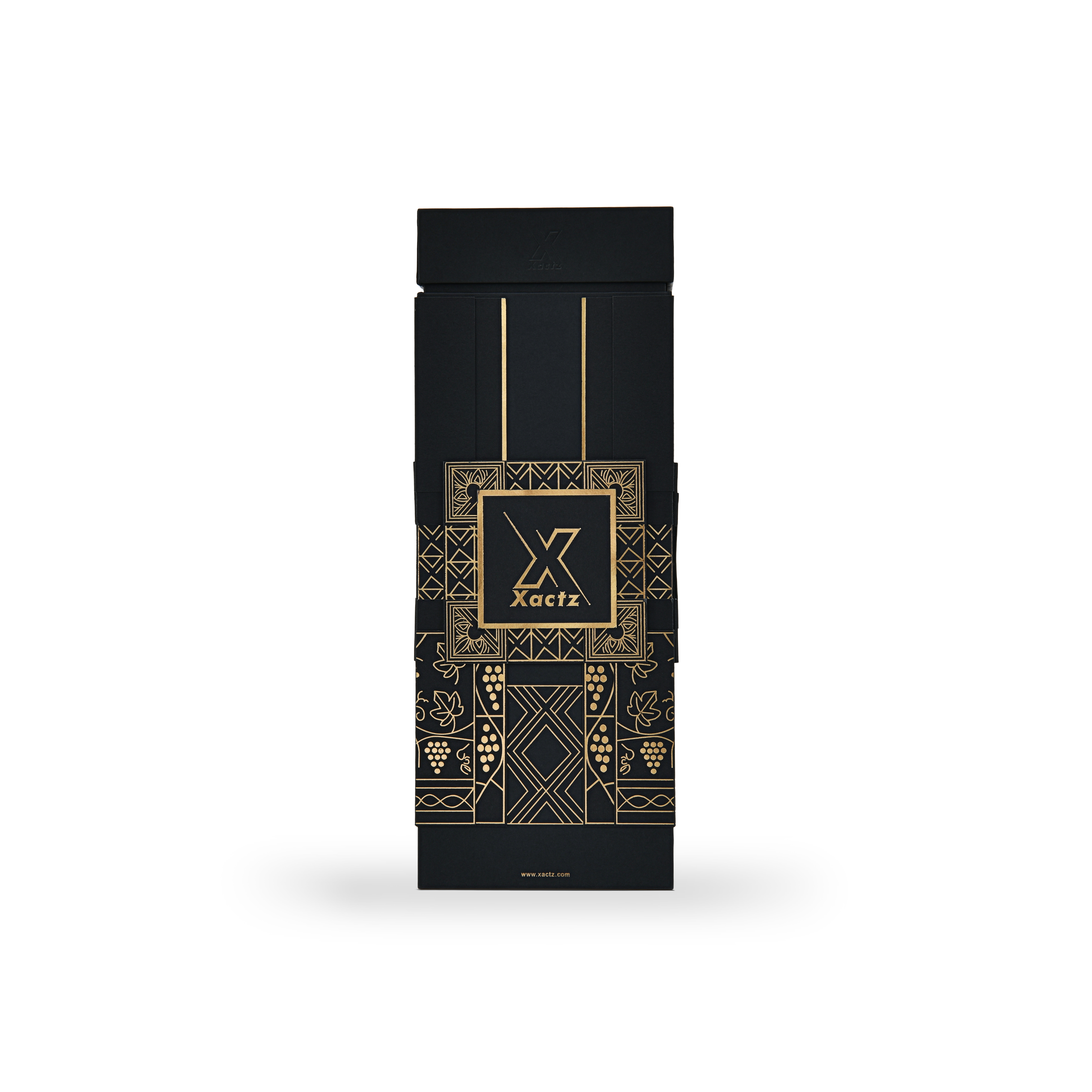 Custom all black rigid wine gift box with collared lid and base showing the full black body wrapped in a gold foil grape vine and geometric tile illustration with a centered Xactz logo in a gold foil bordered square frame on a matte black surface