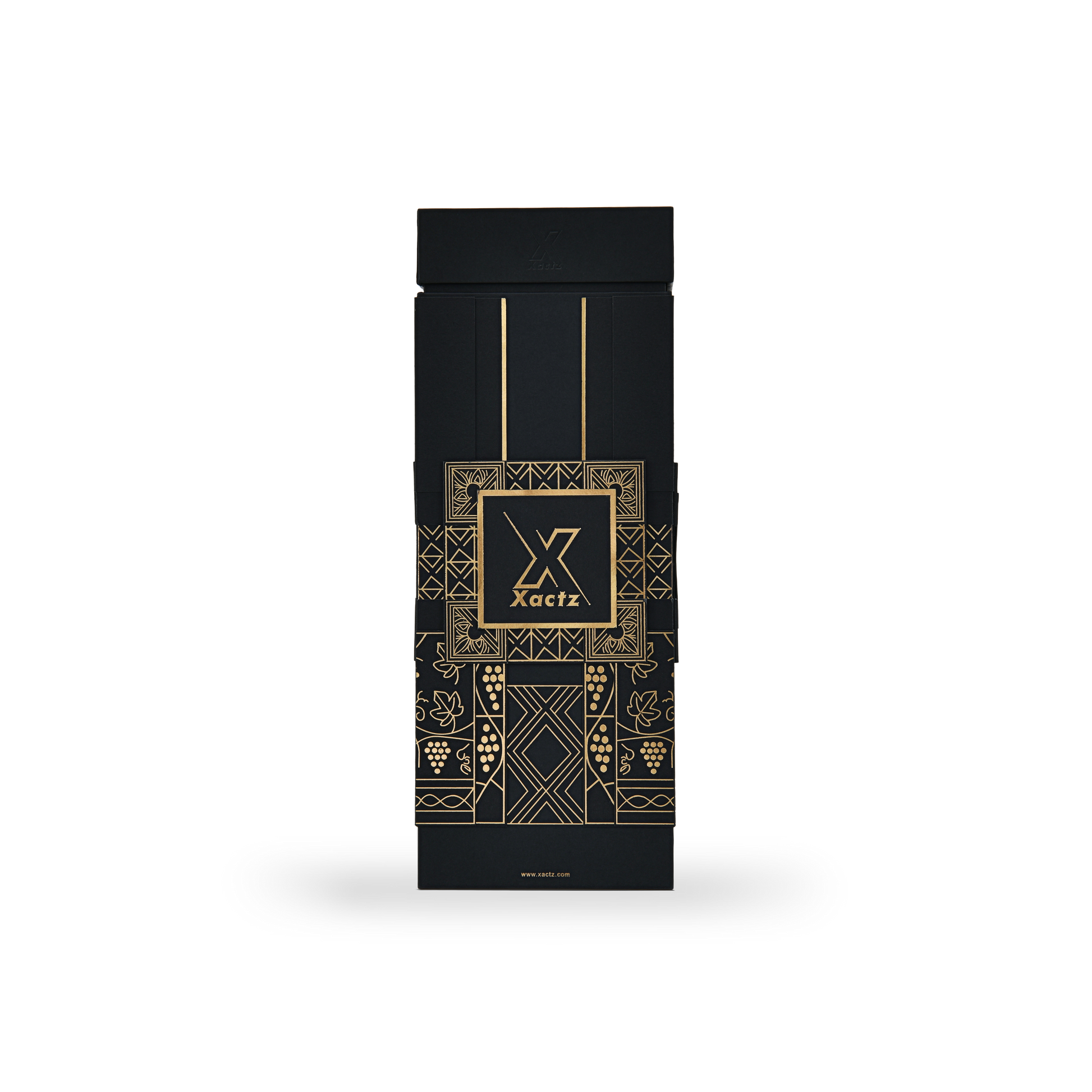 Custom all black rigid wine gift box with collared lid and base showing the full black body wrapped in a gold foil grape vine and geometric tile illustration with a centered Xactz logo in a gold foil bordered square frame on a matte black surface