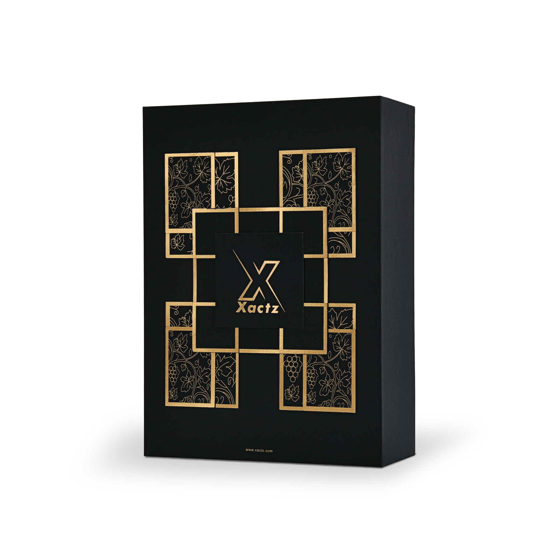 Luxury black rigid wine gift box three quarter angle view showing matte gold foil geometric grid and grape vine design with Xactz branding