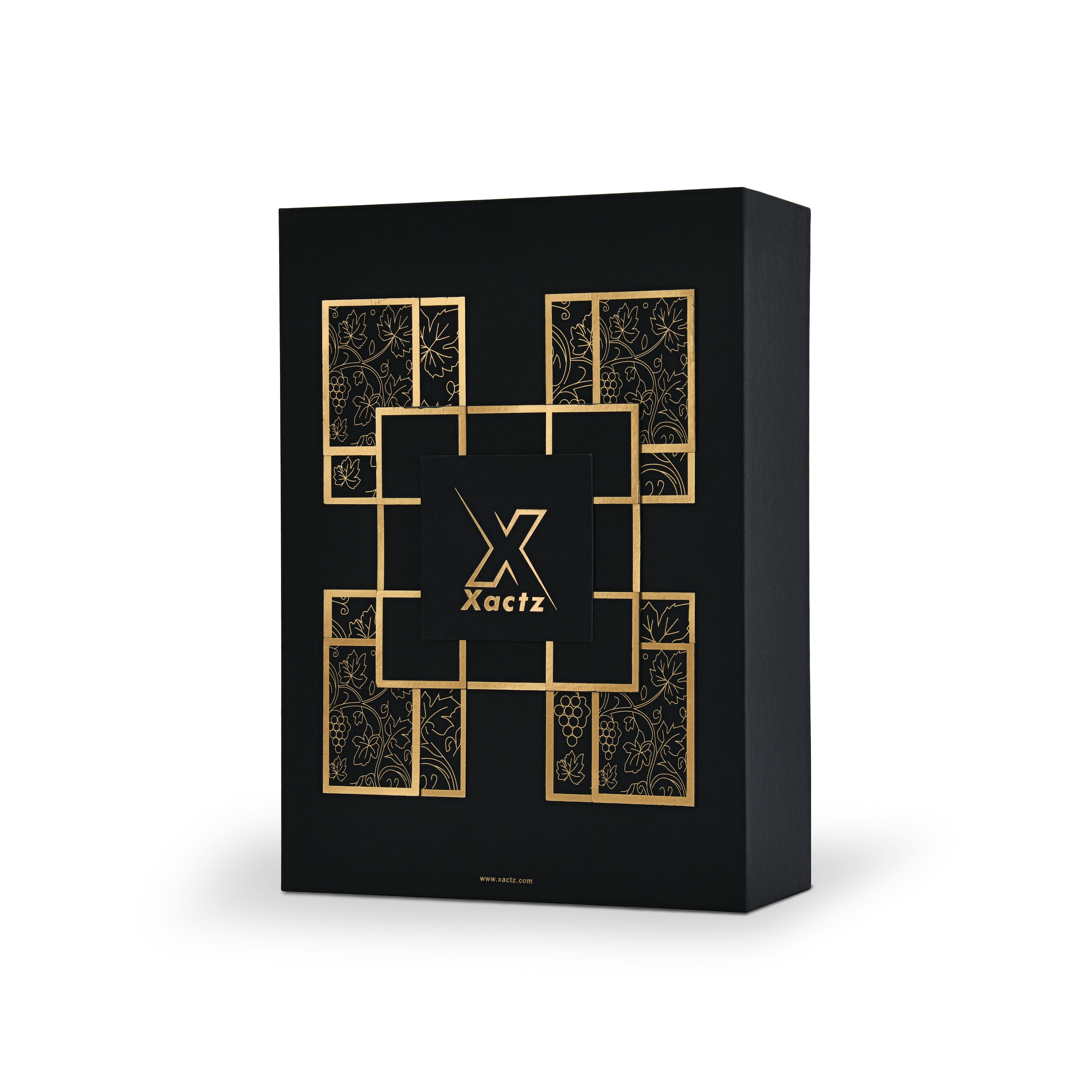 Luxury black rigid wine gift box three quarter angle view showing matte gold foil geometric grid and grape vine design with Xactz branding